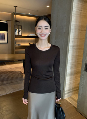 Maven Lin 极简主义 莱赛尔羊毛混纺圆领针织衫女修身打底上衣