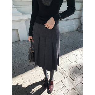 灰色羊毛混纺百褶裙女高智感a字中长款 知识分子 半身裙 Lin Maven