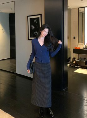 Maven Lin经典优雅 复古格子羊毛直筒半身裙女后开叉包臀一步裙