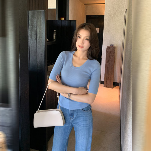 MavenLin1OO羊毛U领中袖针织衫