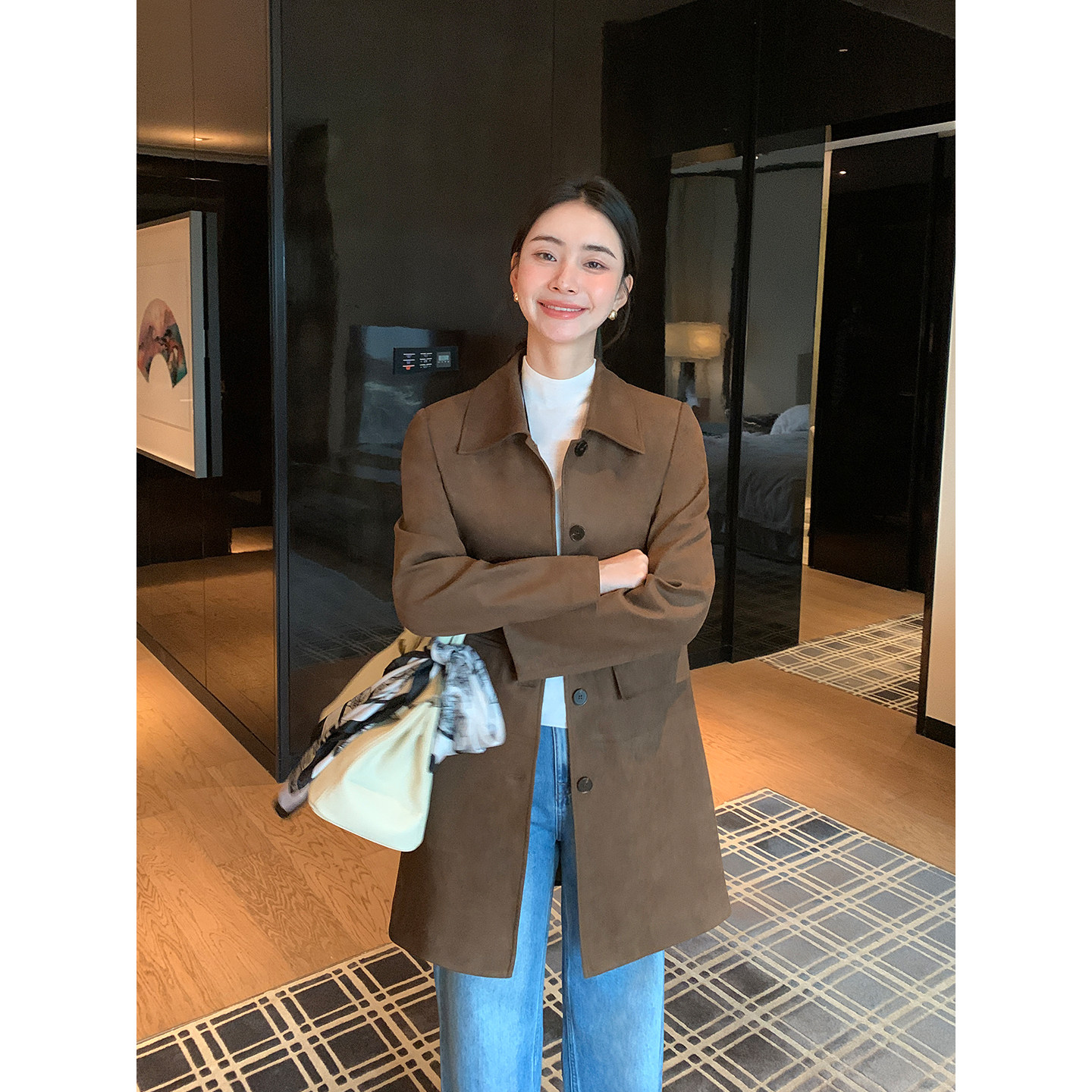 Maven Lin 意式奢贵 老钱风绒面翻领外套女高级感通勤中长款大衣