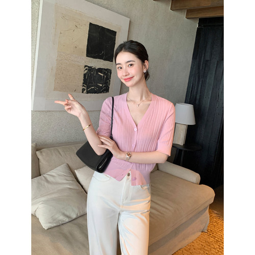 Maven Lin 1/70伯爵丝棉肌理感轻柔V领针织开衫短袖女轻薄短上衣