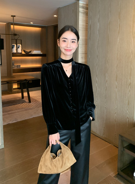 Maven Lin【现货7.5折】高级感法式飘带丝绒衬衫立领长袖复古上衣