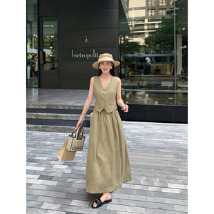 马夹套装 老钱风高端1OO亚麻马甲女无袖 半身裙两件套 Lin Maven