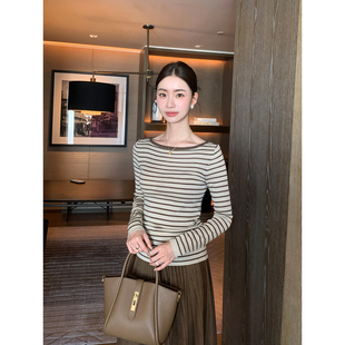 女修身 Maven 质感羊毛船领针织衫 轻暖智性 条纹内搭打底上衣 Lin