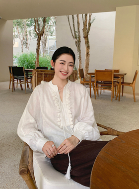 Maven Lin 奢美精工|100%亚麻白色长袖衬衫女流苏设计感v领衬衣