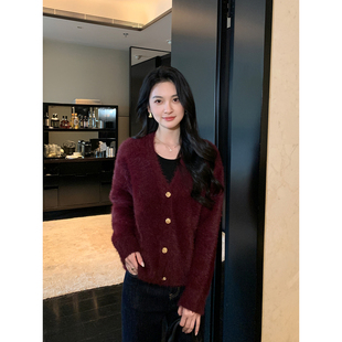 软糯仿貂毛V领毛衣开衫 复古港风 女高级感保暖毛毛外套 Lin Maven