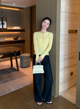 Maven Lin 经典斜纹棉窄版阔腿牛仔裤女复古蓝色休闲宽松直筒长裤