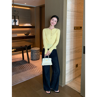 Lin 女复古蓝色休闲宽松直筒长裤 经典 阔腿牛仔裤 斜纹棉窄版 Maven