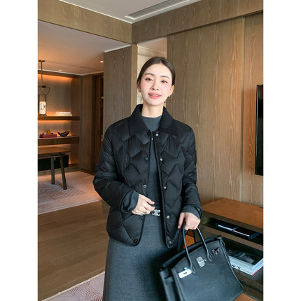 Maven Lin 贵价臻选 90白鸭绒短款羽绒服女气质翻领拼接轻薄外套