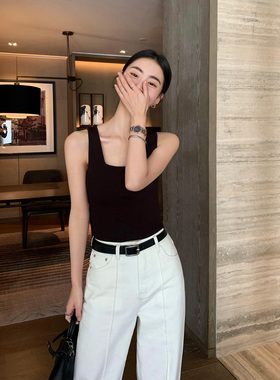 Maven Lin 黑色针织吊带背心女夏季2025新款百搭修身方领无袖上衣