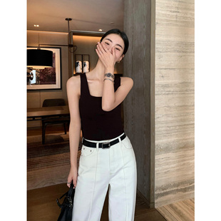 Lin 方领无袖 黑色针织吊带背心女夏季 百搭修身 上衣 新款 Maven