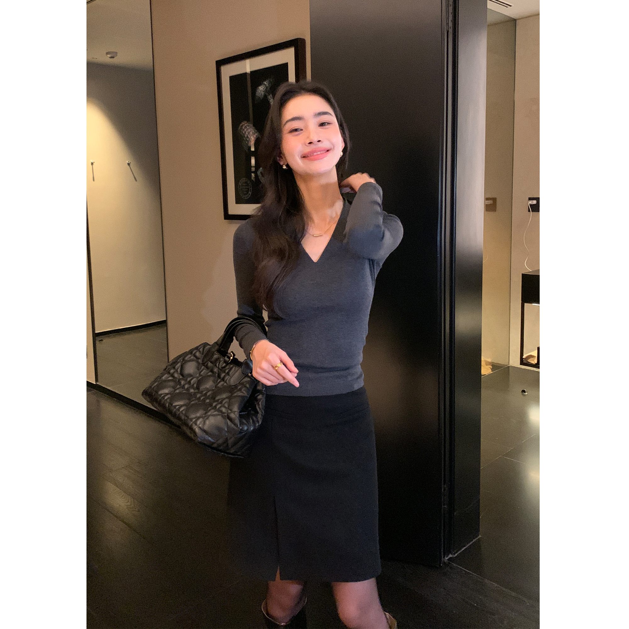 斜纹羊毛半身裙女a字包臀裙