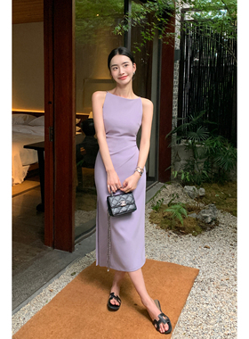 Maven Lin 法式一字肩挂脖吊带裙女夏季气质连衣裙高级感收腰长裙