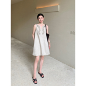 重工刺绣V领1OO亚麻连衣裙女复古宽松显瘦无袖 Maven Lin 背心裙