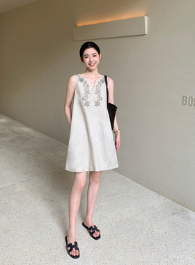 Maven Lin 重工刺绣V领100%亚麻连衣裙女复古宽松显瘦无袖背心裙