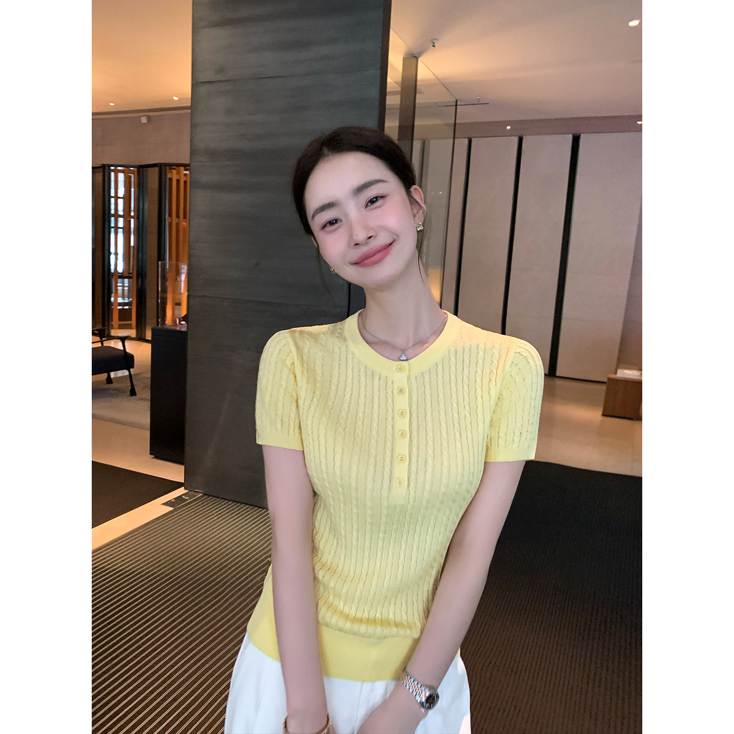 Maven Lin 轴心美学 简约麻花短袖针织衫女气质通勤薄款圆领上衣