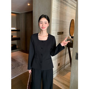 Lin 套装 智性韵律 外套女高级感休闲裤 黑色方领收腰西装 Maven