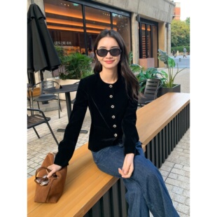 高级感丝绒小香风外套女气质圆领短款 现货7.5折 上衣 Lin Maven