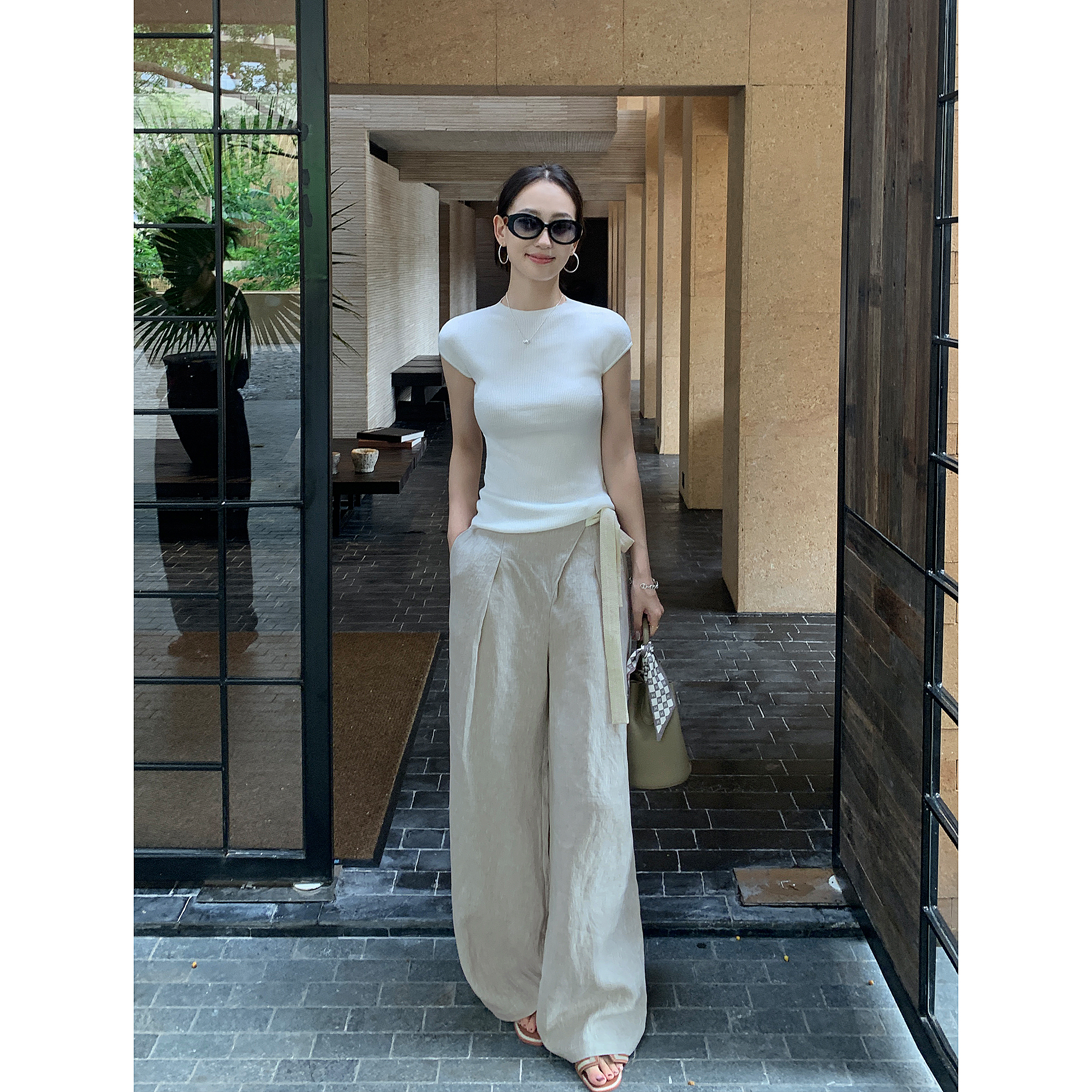 Maven Lin 斜门襟绑带休闲裤女松弛感100%亚麻直筒宽松阔腿长裤