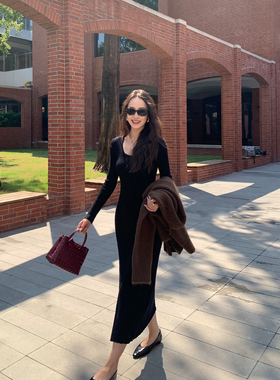 Maven Lin 温雅知性 优雅长袖针织连衣裙女修身气质包臀打底长裙