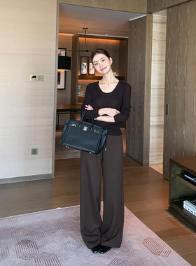Maven Lin 质感通勤 高腰宽松阔腿裤女气质垂感抽绳针织拖地长裤