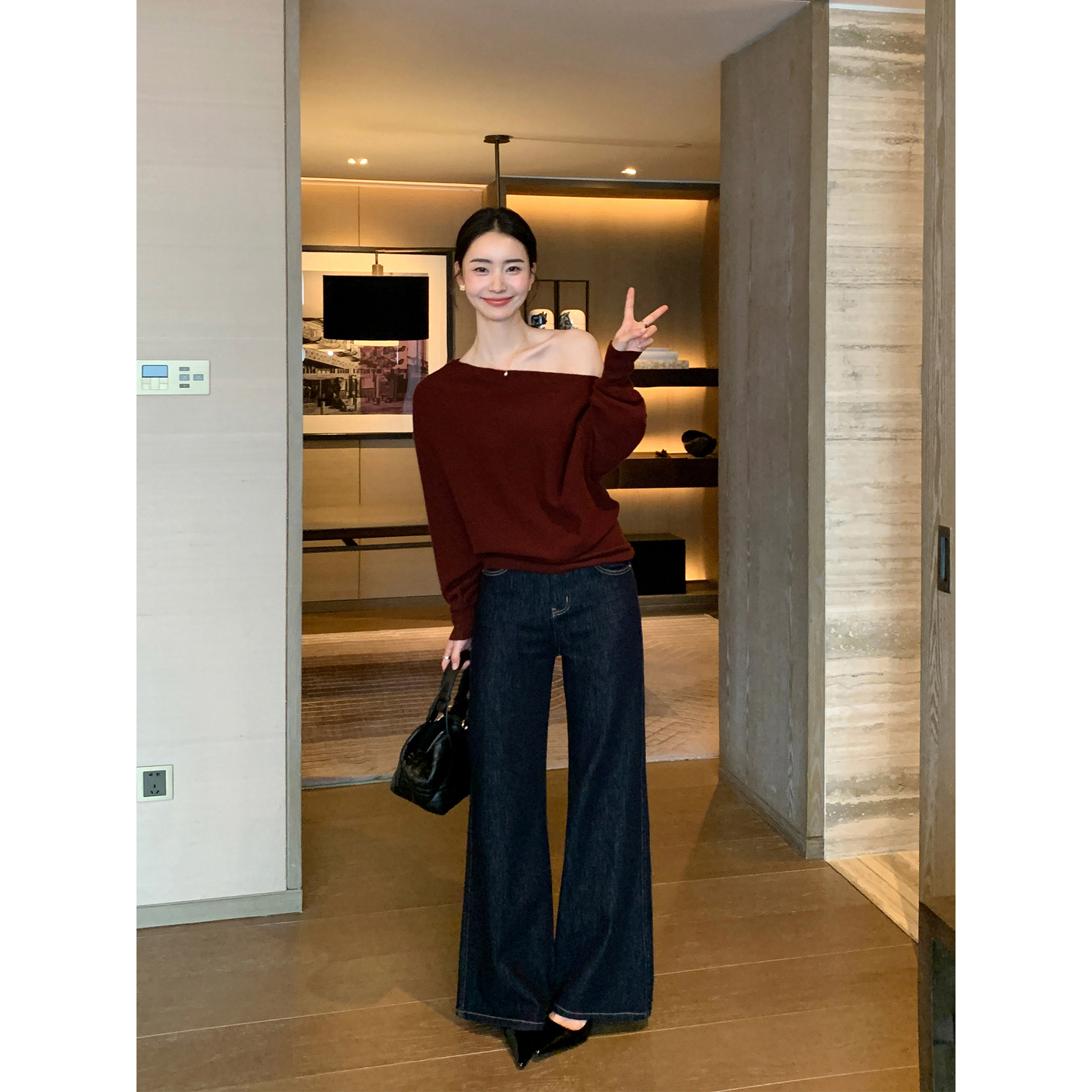 Maven Lin 率性松弛 复古原色微喇牛仔裤女阔腿气质高腰喇叭裤子