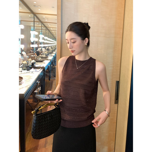 Maven Lin 老钱风镂空肌理感针织背心吊带女极简微透宽松无袖上衣