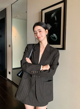 Maven Lin 格调老钱风 羊毛平驳领条纹西装外套女+a字裙裤两件套