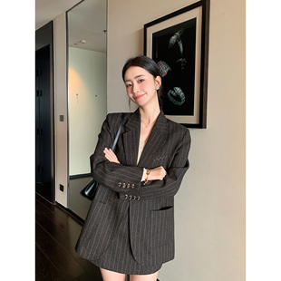 Lin a字裙裤 格调老钱风 外套女 两件套 羊毛平驳领条纹西装 Maven