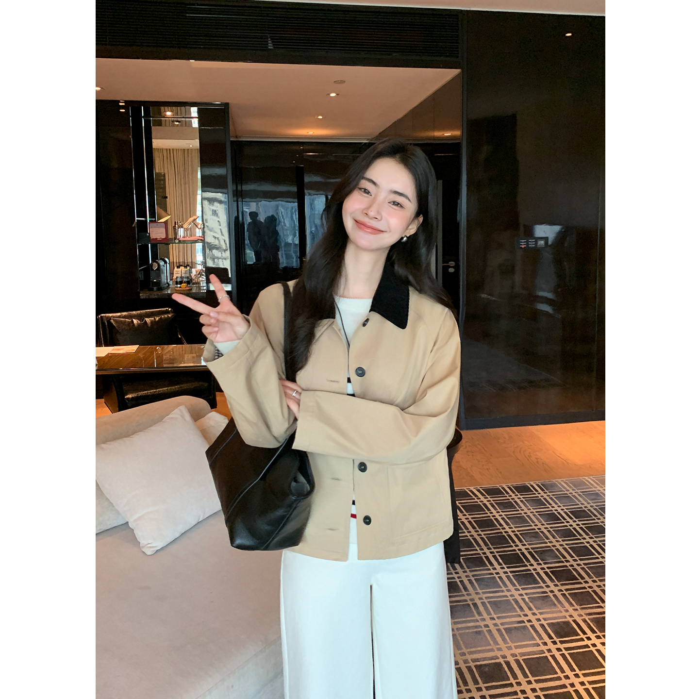 Maven Lin 至臻品质 撞色灯芯绒翻领夹克女气质立领短款风衣外套