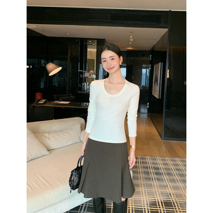 T恤女气质修身 Maven 白色U领长袖 率性简约 显瘦打底针织上衣 Lin