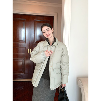 Maven Lin云朵泡芙 质感PU皮领拼接羽绒服女保暖短款90白鸭绒外套