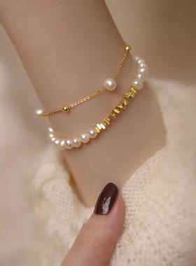 MaisonCleo复古白色珍珠手链女款小众设计气质手镯碎银子金色新款