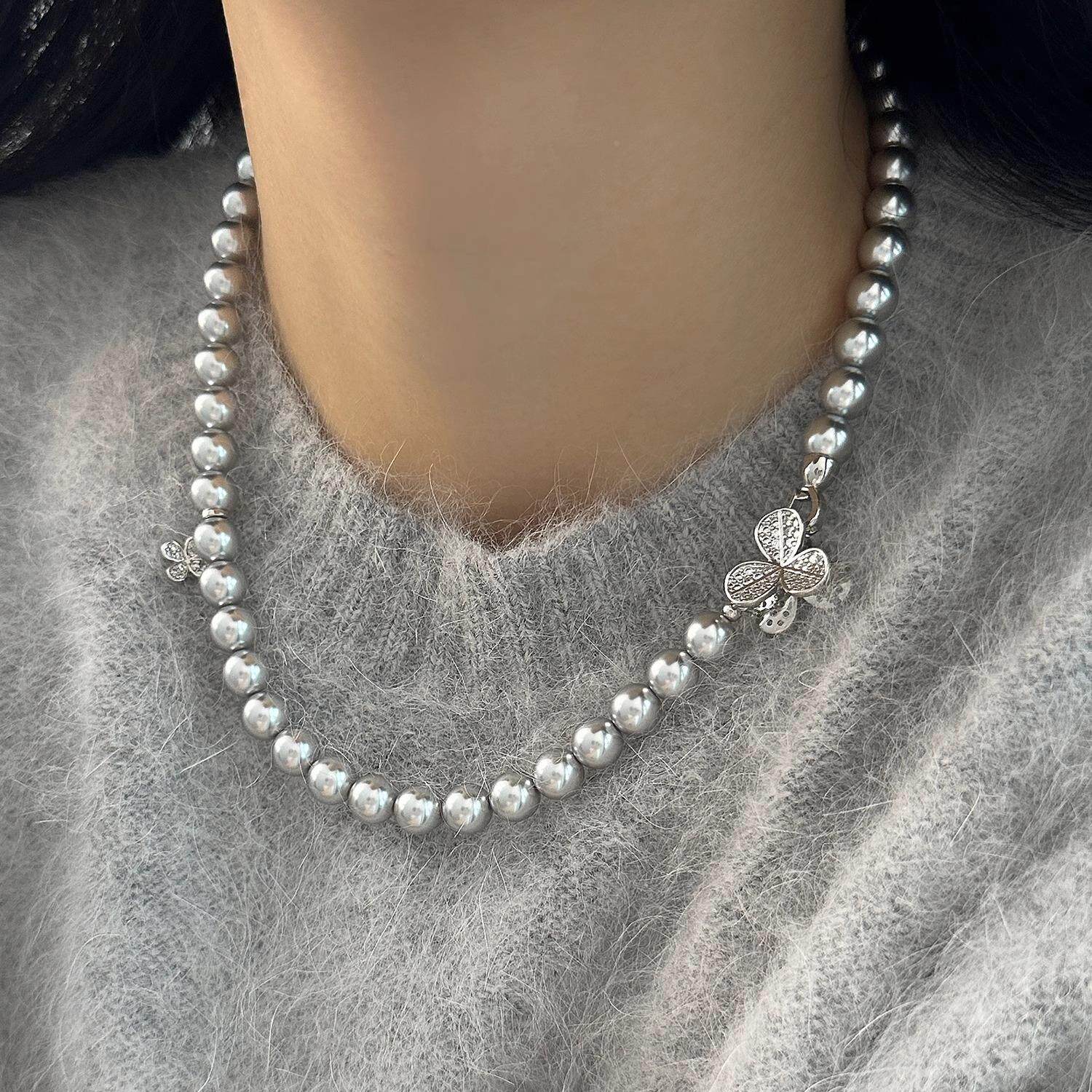 MaisonCleo「时尚主角」轻奢蝴蝶结纯银项链女小众银灰珍珠毛衣链