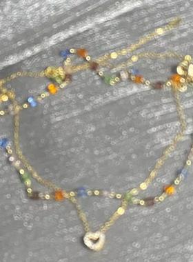 MaisonCleo「晚风温柔」轻奢彩色琉璃爱心叠带项链S925纯银锁骨链