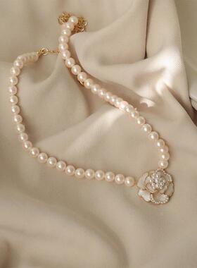 法式仙气山茶花珍珠锁骨链女款