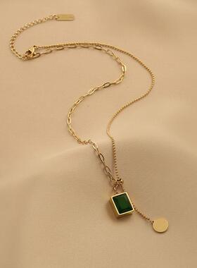 复古绿水晶吊坠可抽拉锁骨链