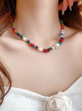 MaisonCleo多巴胺彩色人工石不规则仿珍珠锁骨项链时尚小众气质高