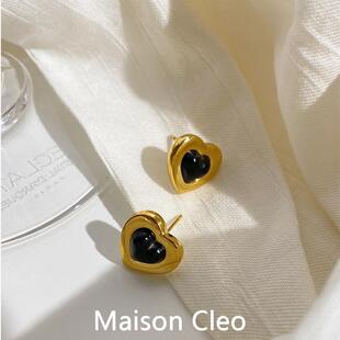 MaisonCleo「可飒可美」 新款爱心耳环黑玛瑙镀18K金心形小巧耳钉