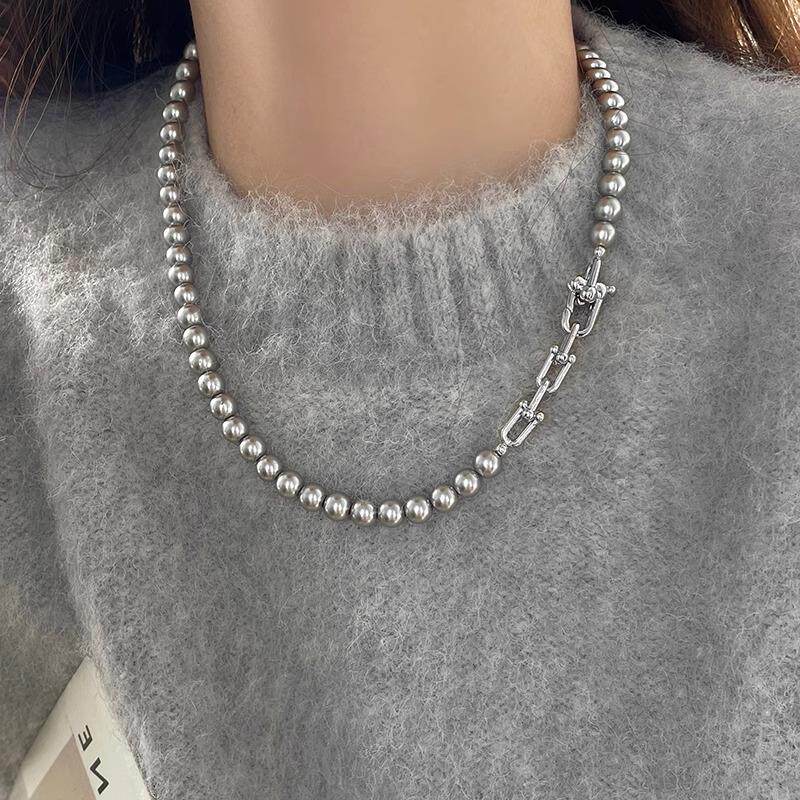MaisonCleo「晚风温柔」高端灰色珍珠纯银毛衣链女小众设计锁骨链