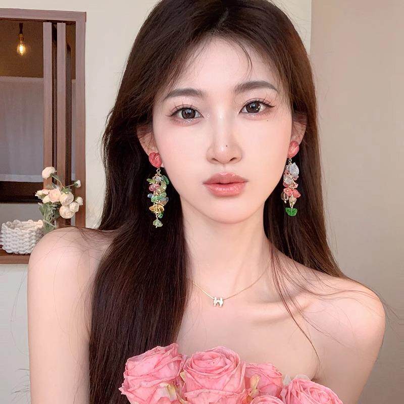 MaisonCleo蜜桃香氛~粉色爱心流苏长款碎石耳钉小众设计耳环女