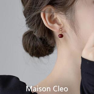 MaisonCleo「前卫设计」红色气质耳坠珍珠纯银耳钉女轻奢小众耳环