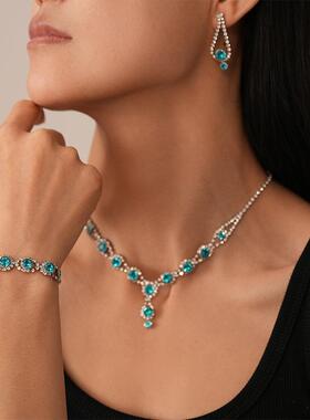 MaisonCleo3件套复古蓝色镶钻圆形耳钉手链项链轻奢小众气质高级