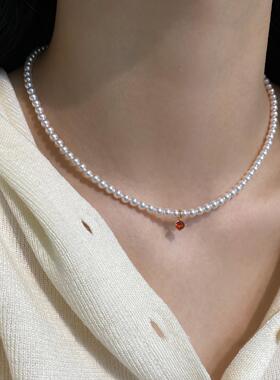 MaisonCleo正圆珍珠红钻锁骨链