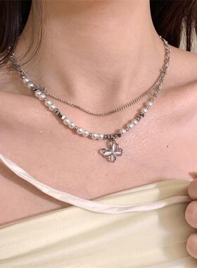 MaisonCleo粉色锆石蝴蝶珍珠项链