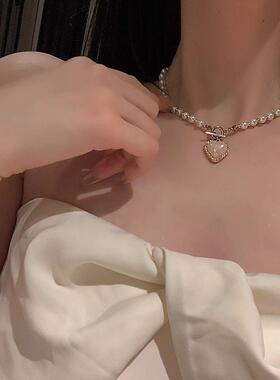 MaisonCleo爱心珍珠锁骨链新款