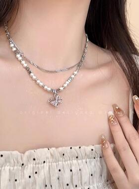 MaisonCleo蝴蝶珍珠钛钢锁骨链