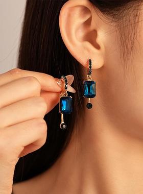 MaisonCleo复古蓝色镶钻方形几何耳扣耳环法式轻奢小众气质简约高