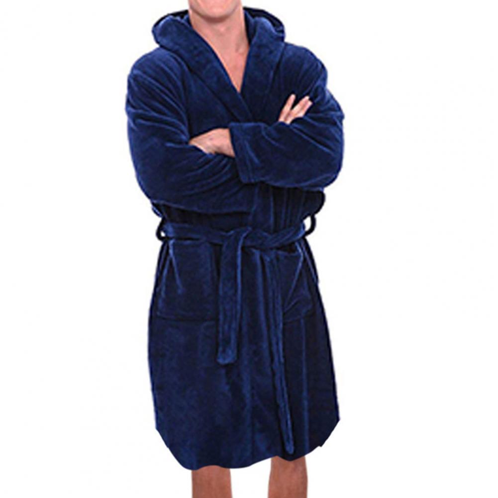 Solid Color Belt Flannel Bath Robe Unisex Hooded Bathrobe Th